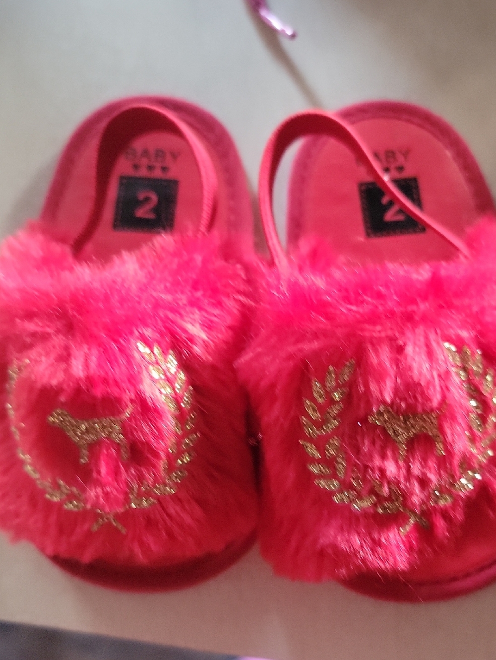 PINK Victoria's Secret Plush Hot Pink Girls' Slip-On Slippers with Gold Emblem